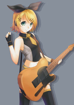 1girl black_gloves black_ribbon kagamine_rin_(black_star) black_thighhighs blonde_hair electric_guitar female_focus fender_telecaster fingerless_gloves gloves green_eyes grey_background guitar hair_ornament hair_ribbon instrument kagamine_rin lancefate midriff navel project_diva_(series) project_diva_extend ribbon short_hair simple_background solo thighhighs vocaloid