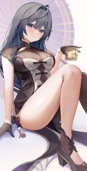 absurdres ahoge alcohol animal_print black_dress black_gloves blush braid breasts bustier butterfly_print china_dress chinese_clothes clothing_cutout cup dress drunk gloves hair_between_eyes half_gloves highres holding holding_cup horo_27 kisara_(1st_costume)_(nijisanji) kisara_(nijisanji) large_breasts light_smile long_hair low_twintails nijisanji parted_lips purple_eyes purple_umbrella sake single_leg_pantyhose sitting tassel thighs twintails umbrella virtual_youtuber white_background
