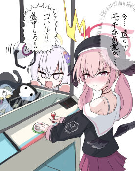 Rule 34 | 2girls, :d, azusa (blue archive), beret, black choker, black hat, black wings, blue archive, blush, choker, closed mouth, commentary, cowboy shot, crane game, crossed bangs, excited, feathered wings, flower, frown, hair between eyes, hair flower, hair ornament, halo, hat, head wings, highres, jitome, koharu (blue archive), long hair, long sleeves, looking at viewer, looking back, low twintails, low wings, make-up work club (blue archive), miniskirt, multiple girls, open mouth, peppo-mk3, peroro (blue archive), pink eyes, pink hair, pink skirt, pleated skirt, purple flower, red halo, school uniform, serafuku, shirt, shouting, simple background, single bare shoulder, skirt, smile, speech bubble, split mouth, stuffed animal, stuffed toy, sweatdrop, thought bubble, translated, twintails, v-shaped eyebrows, white background, white hair, white shirt, wings