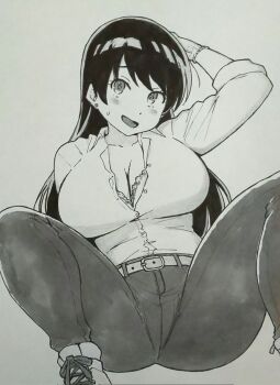 1girl arato_nagi ass belt bra breasts cleavage denim ear_piercing greyscale gyupolo9 highres jeans large_breasts long_hair monochrome pants piercing ruri_no_houseki spread_legs thick_thighs thighs traditional_media underwear