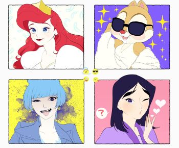 Rule 34 | 4girls, ariel (disney), blue fire, blue lips, chipmunk, chipmunk ears, clarice (disney), company connection, crown, disney, disneyland, emoji, fa mulan (disney), fiery hair, fire, formal clothes, hercules (1997 movie), highres, lipstick, makeup, mickey mouse &amp; friends, ms. hades, mulan (movie), multiple girls, red hair, rl10 02, squirrel, the little mermaid (disney)