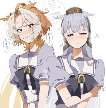 2girls absurdres animal_ears blue_eyes blush brown_hat clenched_teeth closed_mouth forehead gold_ship_(umamusume) grey_hair hat highres holding_own_arm horse_ears horse_girl koroeda6 long_hair looking_at_another looking_to_the_side multicolored_hair multiple_girls orange_hair orfevre_(umamusume) purple_eyes purple_shirt sailor_collar school_uniform shirt short_hair sweat teeth tracen_school_uniform two-tone_hair umamusume white_hair white_sailor_collar