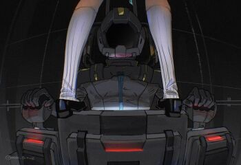 1boy 1girl 67k black_shoes cockpit control_stick film_grain gundam gundam_hathaway's_flash hathaway_noa helmet highres kneehighs legs mecha_interior mecha_pilot_suit pilot pilot_chair pilot_helmet science_fiction shoes socks white_socks
