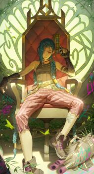 1girl arcane:_league_of_legends arm_tattoo braid bullet bullet_necklace cloud_tattoo commentary dreadlocks english_commentary fingerless_gloves gatling_gun gloves heng_(hang_1004) highres jinx_(league_of_legends) league_of_legends minigun pants pink_pants rocket_launcher shoulder_tattoo solo stomach_tattoo striped_clothes striped_pants tattoo twin_braids weapon