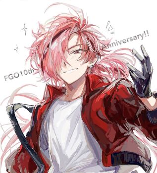Rule 34 | 1boy, ahoge, black gloves, collared jacket, commentary request, earrings, english text, eyebrow cut, fate/grand order, fate (series), gloves, grin, hair over one eye, hand up, jacket, jewelry, long hair, long sleeves, looking at viewer, low ponytail, male focus, multicolored hair, notice lines, one eye covered, open clothes, open jacket, pink hair, ponytail, red eyes, red hair, red jacket, shirt, simple background, smile, solo, sparkle, streaked hair, takasugi shinsaku (fate), tyoookozuki, upper body, white background, white shirt