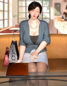 1girl bag black_hair blurry breasts cleavage closed_eyes earrings handbag indoors jacket jewelry kill_the_king large_breasts lipstick long_hair makeup mature_female necklace pantyhose parted_lips pearl_necklace restaurant shirt sitting skirt solo table white_skirt