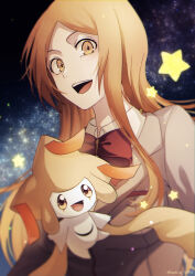 Rule 34 | 1girl, :d, alternate color, bleach, bow, commentary request, creatures (company), crossover, game freak, gen 3 pokemon, happy, highres, inoue orihime, jirachi, legendary pokemon, long hair, looking at viewer, mythical pokemon, nintendo, open mouth, orange eyes, orange hair, parted bangs, pokemon, pokemon (creature), red bow, school uniform, shiny pokemon, sidelocks, sky, smile, star (sky), star (symbol), starry sky, sumire 1046, teeth, twitter username, upper body, upper teeth only