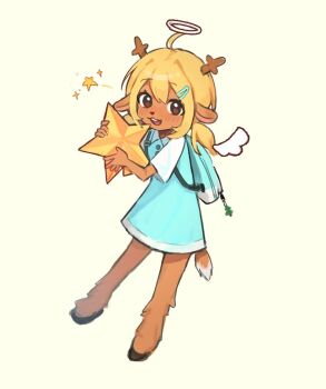 1girl :3 animal_ears antlers backpack bag bag_charm blonde_hair brown_eyes brown_fur charm_(object) collared_dress commentary deer_antlers deer_ears deer_girl deer_tail deltarune deltarunelv detached_wings dress freckles full_body furry furry_female hair_ornament hairclip halo hashtag-only_commentary holding holding_star hooves horns looking_at_viewer low_twintails noelle_holiday open_mouth short_sleeves smile solo star_(symbol) tail twintails utdr_(toby_fox) wings