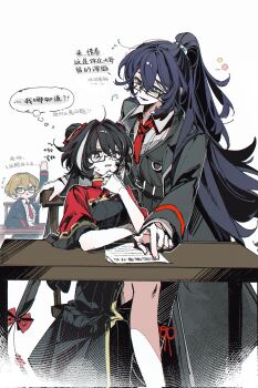 1girl 2boys 66167e3d arm_up black_coat black_dress black_eyes black_hair black_vest blonde_hair blue_eyes chinese_clothes coat collared_shirt double_bun dress glasses hair_bun heterochromia high_ponytail highres holding holding_paintbrush hong_lu_(project_moon) jia_xichun_(project_moon) limbus_company long_hair long_sleeves looking_at_another looking_at_viewer multicolored_hair multiple_boys necktie open_mouth paintbrush pink_eyes ponytail project_moon red_necktie red_shrug shirt shrug_(clothing) simple_background sinclair_(project_moon) sitting standing streaked_hair twintails upper_body vest white_background white_shirt white_streaks