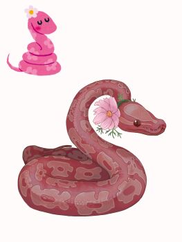 animal colored_sclera colored_skin commentary flower hashtag-only_commentary highres irasutoya irasutoya_challenge multicolored_skin no_humans oshigeneteru patterned_skin pink_flower pink_skin red_eyes reference_inset reptile scales simple_background slit_pupils snake white_background