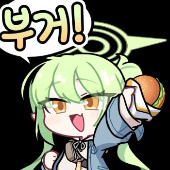 1girl :d acomu414 animated animated_gif blinking blue_archive blue_jacket burger fang food green_hair green_halo grey_sweater halo holding holding_burger holding_food jacket korean_text long_hair long_sleeves nozomi_(blue_archive) nozomi_(mom&#039;s_touch)_(blue_archive) official_alternate_costume open_mouth pointy_ears simple_background skin_fang smile solo speech_bubble sweater translation_request transparent_background twintails upper_body yellow_eyes