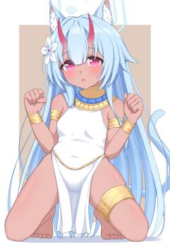 1girl :o alternate_color alternate_costume alternate_skin_color ancient_egyptian animal_ear_fluff animal_ears armlet bare_arms bare_legs bare_shoulders barefoot blue_archive blue_halo blush bracelet breasts cat_ears cat_girl cat_tail chise_(blue_archive) covered_navel dark-skinned_female dark_skin dress feet flower full_body hair_between_eyes hair_flower hair_ornament hair_over_shoulder halo hands_up highres horns if_you_want_to_become_a_godly_artist_(trend) jewelry kemonomimi_mode loli long_hair looking_at_viewer open_mouth pelvic_curtain purple_eyes skin-covered_horns sleeveless sleeveless_dress small_breasts solo squatting tail thigh_strap thighs toes very_long_hair white_dress yamichi_(yamichi8369)