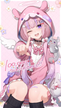 1girl absurdres angel_wings animal_hood argyle_background arm_between_legs bandaid_on_hood bandaid_on_tail bandaid_on_thigh black_choker black_socks bow bowtie chinchilla_(animal) choker collared_shirt commentary_request cowboy_shot dot_nose ear_piercing english_text flower frilled_skirt frills hair_ornament hairclip halo heart heart_hair_ornament heterochromia highres hood hood_up hoodie indie_virtual_youtuber jewelry kneehighs kurumizawa_ririka long_hair long_sleeves looking_at_viewer low_twintails multicolored_hair necklace nijihashi_sora official_alternate_costume one_eye_closed open_clothes open_hoodie open_mouth parallel_hairclips piercing pink_background pink_bow pink_bowtie pink_hair pink_halo pink_hoodie plaid_bow plaid_clothes plaid_skirt pointing pointing_at_viewer pom_pom_(clothes) pom_pom_hair_ornament purple_eyes purple_flower purple_hair rabbit_hair_ornament shirt shirt_tucked_in sitting skirt smile socks streaked_hair stuffed_animal stuffed_toy twintails virtual_youtuber white_shirt wings yellow_flower