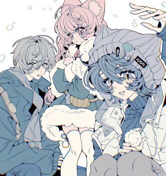 1boy 2girls ahoge alternate_costume animal_ear_fluff animal_ears arm_up beanie belle_(zenless_zone_zero) blue_hair blue_hat blue_jacket blue_pants blue_scarf blue_sweater fur-trimmed_jacket fur_trim furry furry_female green_jacket grey_hair hair_between_eyes hat highres jacket long_hair looking_at_viewer multiple_girls pants parted_lips pink_fur pink_hair pom_pom_(clothes) rabbit_ears rabbit_girl red_eyes scarf short_hair simple_background snowing squatting sweater thighhighs turtleneck turtleneck_sweater white_background white_jacket white_thighhighs wise_(zenless_zone_zero) xjgfhvg zenless_zone_zero zhao_(zenless_zone_zero)