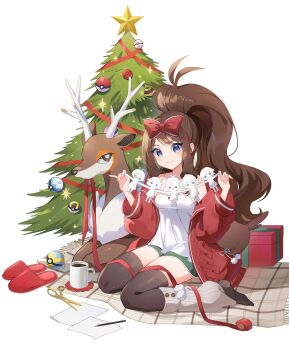 Rule 34 | 1girl, absurdres, black thighhighs, blanket, blue eyes, blush, bow, breasts, brown hair, camisole, cherish ball, christmas tree, closed mouth, coletta (colet colettia), commentary request, cup, deer, dive ball, gen 5 pokemon, green skirt, hair bow, hairband, high ponytail, highres, hilda (pokemon), holding, jacket, long hair, loose socks, luxury ball, nintendo, open clothes, open jacket, paper chain, poke ball, poke ball (basic), pokemon, pokemon (creature), pokemon bw, ponytail, premier ball, quick ball, red bow, red hairband, red jacket, red ribbon, ribbon, sawsbuck, sawsbuck (winter), sidelocks, sitting, skirt, slippers, smile, socks, sparkle, star (symbol), thighhighs, tree-topper, ultra ball, wariza, white camisole, white socks