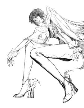 1girl absurdres aizheajsee bayonetta bayonetta_(cosplay) bayonetta_(series) black_hair black_outline cosplay full_body ghost_in_the_shell glasses greyscale highres kusanagi_motoko looking_at_viewer medium_hair monochrome outline sitting solo tanaka_atsuko voice_actor_connection white_background