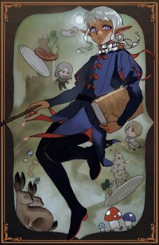 3boys absurdres androgynous book border chibi chibi_inset chinese_commentary coin_(ornament) dark-skinned_male dark_elf dark_skin delgal_(dungeon_meshi) dungeon_meshi elf food grimoire highres holding holding_book holding_wand jester jester_costume long_hair long_sleeves looking_at_viewer male_focus meat multiple_boys neck_ruff ornate_border plate pointy_ears puff_and_slash_sleeves puffy_sleeves purple_eyes qiu_shandai_jiayang_shu rabbit short_bangs sidelocks solo thistle_(dungeon_meshi) vegetable walking_mushroom_(dungeon_meshi) wand wavy_hair white_hair yaad_(dungeon_meshi)