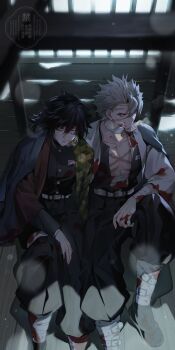 2boys absurdres belt black_hair black_jacket black_pants black_socks blood blood_on_clothes blood_on_face buttons closed_eyes demon_slayer_uniform gold_buttons grey_hair haori high_collar highres jacket japanese_clothes kikkoumon kimetsu_no_yaiba ku_metsu_3cm long_hair low_ponytail male_focus multiple_boys pants ponytail print_haori purple_eyes red_haori sandals shinazugawa_sanemi sitting socks spiked_hair tomioka_giyuu watermark white_belt