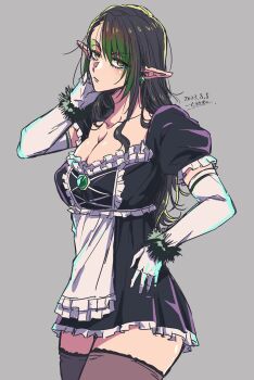 Rule 34 | 1girl, absurdres, apron, black hair, black thighhighs, breasts, chili-tomato (gekikaraya), cleavage, collared shirt, commentary request, cross-laced clothes, cross-laced dress, dated, dress, earrings, elbow gloves, empire waist, eyeshadow, frilled dress, frills, genderswap, genderswap (mtf), gloves, gradient hair, green eyeshadow, green hair, green lips, grey background, hanabatake chaika, hanabatake chaika (1st costume), hand on own cheek, hand on own face, hand on own hip, highres, jewelry, large breasts, long hair, long pointy ears, looking at viewer, maid, makeup, multicolored hair, nijisanji, official alternate costume, parted hair, pointy ears, puffy short sleeves, puffy sleeves, red eyeshadow, shirt, short dress, short sleeves, simple background, solo, thick thighs, thighhighs, thighs, virtual youtuber, waist apron, white apron, white gloves