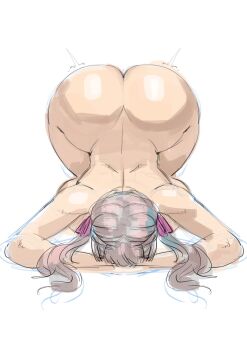 1girl apologizing ass black_clover bowing completely_nude dogeza female_focus head_on_ground highres huge_ass naked_dogeza noelle_silva nude scharlottelambo simple_background sketch solo tagme top-down_bottom-up twintails white_background wide_hips