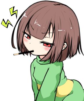 1other absurdres blush bob_cut brown_hair chara_(undertale) commentary eyelashes flustered food food_in_mouth furrowed_brow green_sweater highres incoming_pocky_kiss leaning_forward lightning_bolt_symbol long_sleeves looking_at_viewer mouth_hold narrowed_eyes piraana pocky pocky_in_mouth pocky_kiss red_eyes shared_food short_hair simple_background single_horizontal_stripe solo sweater two-tone_sweater undertale utdr_(toby_fox) v-shaped_eyebrows v_arms white_background yellow_sweater