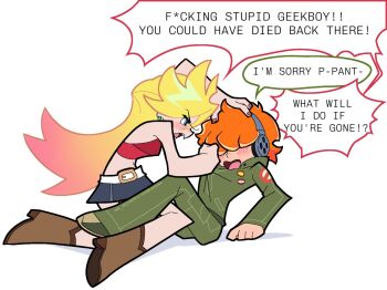 1boy 1girl angry armpits bare_shoulders belt blonde_hair blue_eyes blush boots breasts brief_(psg) censored_profanity colored_speech_bubble commentary couple crop_top earrings english_commentary english_text freckles ghostbusters_uniform green_hoodie hair_over_eyes headphones hetero highres hood hoodie hoop_earrings jewelry legs long_hair midriff miniskirt multicolored_hair navel nekoreviedeath official_style open_mouth orange_hair panty_&amp;_stocking_with_garterbelt panty_(psg) profanity red_nails red_shirt shirt simple_background skirt speech_bubble thighs twitter_username two-tone_hair white_background