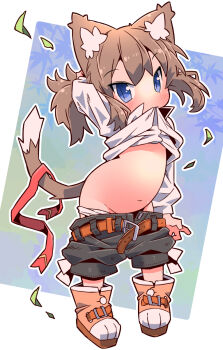 1girl animal_ears belt blue_eyes brown_hair cat_ears cat_tail clothes_lift clothes_pull highres loli mouth_hold navel nomeoil original shirt_lift shorts solo tail underwear