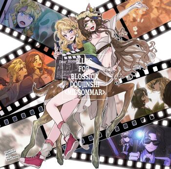 Rule 34 | 2girls, :d, animal ears, arm up, blonde hair, blonney, blue jacket, blue shorts, brown hair, centauroid, clapperboard, copyright request, deer ears, deer girl, ear tag, earrings, english text, film strip, flower, flower wreath, full body, green eyes, head wreath, highres, holding, jacket, jessica (reverse:1999), jewelry, kim 8thhh, leon the professional, locked arms, long hair, long sleeves, looking at viewer, midriff, multiple girls, navel, open mouth, outstretched arm, purple eyes, red footwear, red nails, reverse:1999, shirt, shoes, short shorts, shorts, smile, sneakers, socks, taur, titanic (movie), very long hair, white background, white shirt, white socks, yellow flower