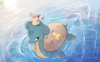 Rule 34 | absurdres, closed eyes, commentary request, full body, gen 1 pokemon, gen 3 pokemon, gen 8 pokemon, green eyes, highres, lapras, lying, nintendo, no humans, on side, one eye closed, pokemon, pokemon (creature), riding, riding pokemon, skitty, smile, sunlight, tsubasa (tubasatokurumi), water, yamper