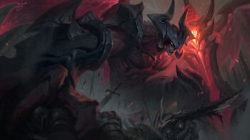 1boy aatrox abs absurdres angry arrow_(projectile) battlefield corpse darkin_(league_of_legends) demon demon_boy demon_wings dust fantasy furious glowing glowing_eyes greatsword highres horns kneeling league_of_legends light_particles male_focus muscular muscular_male official_art pectorals perspective red_eyes size_difference sky sword teeth topless_male torn_wings victor_maury warrior weapon wings