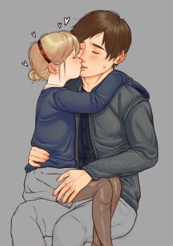 1boy 1girl agegapist bad_tag blonde_hair blush brown_hair capcom closed_eyes grey_background hairband highres jacket kiss leon_s._kennedy lola_(agegapist) loli long_sleeves open_clothes open_jacket pants pantyhose resident_evil resident_evil_2 sherry_birkin shirt simple_background sitting sitting_on_lap sitting_on_person skirt sweat unfinished