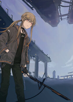 arm_at_side artist_name black_gloves black_jacket black_pants black_shirt blonde_hair character_request closed_mouth cloud collarbone copyright_request elevated_highway expressionless feet_out_of_frame fingerless_gloves gender_request gloves hair_between_eyes hand_in_pocket highres highway holding holding_sword holding_weapon hood hood_down hooded_jacket jacket long_hair long_sidelocks long_sleeves looking_at_viewer open_clothes open_jacket outdoors pants ponytail red_eyes ruins shirt shoden sidelocks sky solo standing sword weapon