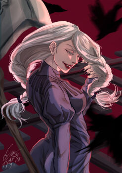 1girl absurdres ahsan_(asan_bum_bum) axe bird black_dress braid braided_bangs braided_ponytail crow dress hair_over_face hair_over_one_eye highres jujutsu_kaisen long_hair long_sleeves looking_at_viewer mei_mei_(jujutsu_kaisen) one_eye_covered puffy_sleeves railroad_tracks red_background red_lips smile solo tight_clothes tight_dress turtleneck turtleneck_dress weapon white_hair