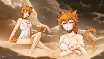 2girls :3 animal_ears arm_under_breasts atramada bare_shoulders braid breasts cat cat_ears cat_girl cat_tail choker cleavage collar collarbone commission commissioner_upload covered_erect_nipples crossed_legs dripping facepaint facial_mark fire_emblem fire_emblem:_path_of_radiance fire_emblem:_radiant_dawn green_choker green_collar hair_between_eyes highres in_water large_breasts large_variant_set lethe_(fire_emblem) looking_at_viewer lyre_(fire_emblem) medium_breasts messy_hair multiple_girls naked_towel nintendo nipples onsen orange_hair orange_tail pink_choker pink_collar pulling_own_clothes purple_eyes see-through_clothes siblings sisters sitting slit_pupils tail teasing towel twins variant_set water water_drop wet wet_clothes wet_towel whisker_markings
