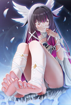 absurdres atom_b barefoot closed_eyes columbina_(genshin_impact) eye_mask fatui_coat feathered_wings feathers feet genshin_impact hair_ornament head_wings highres long_legs mask multicolored_hair multiple_wings no_shoes panties soles toes underwear white_mask white_panties wing_hair_ornament wings x-shaped_eyewear