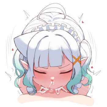 Rule 34 | 1boy, 1girl, ahoge, breasts, closed eyes, collarbone, commentary, cum, cum in mouth, cum in nose, deepthroat, densetsu.exe, ejaculation, english commentary, erection, fellatio, green hair, green nails, heart, maid headdress, mint fantome, mint fantome (minto 2.0), miyo mizugi, multicolored hair, open mouth, oral, penis, pointy ears, simple background, solo focus, uncensored, upper body, virtual youtuber, white background, white hair