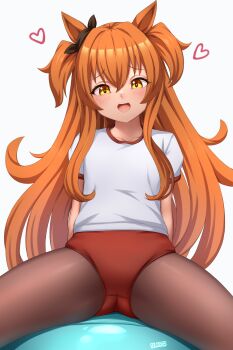 1girl absurdres animal_ears arms_behind_back black_pantyhose bow brown_eyes brown_hair buruma djloops ear_ribbon gym_uniform heart highres horse_ears horse_girl long_hair mayano_top_gun_(umamusume) open_mouth pantyhose red_buruma shirt short_sleeves sitting smile solo spread_legs thighs two_side_up umamusume white_shirt