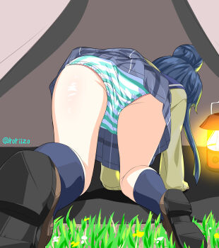 1girl all_fours ass ass_focus blue_hair blue_sailor_collar brown_shoes from_behind hair_bun highres lantern outdoors panties pantyshot plaid_clothes plaid_skirt pleated_skirt roriizo sailor_collar school_uniform serafuku shima_rin shoes single_hair_bun skirt socks solo striped_clothes striped_panties tent thighs underwear voyeur_pov yurucamp