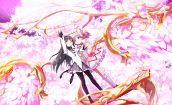 Rule 34 | 2girls, akemi homura, anime coloring, ankle bow, ankle ribbon, argyle clothes, argyle footwear, arm up, artist request, back bow, black boots, black capelet, black hair, black hairband, boots, bow, bow (weapon), bowtie, bubble skirt, buttons, capelet, center frills, cherry blossoms, chest jewel, choker, closed mouth, collared capelet, commentary, dot nose, dress, dress bow, flower, frilled skirt, frilled sleeves, frilled socks, frills, frown, full body, game cg, gem, gloves, grey capelet, hair between eyes, hair bow, hairband, happy, high collar, highres, holding, holding bow (weapon), holding weapon, huge weapon, jitome, kaname madoka, kneehighs, layered sleeves, light blush, locked arms, long hair, long sleeves, magical girl, mahou shoujo madoka magica, mahou shoujo madoka magica: hangyaku no monogatari, mahou shoujo madoka magica magia exedra, miniskirt, multiple girls, official art, on branch, outstretched arms, petals, pink bow, pink dress, pink eyes, pink flower, pink gem, pink hair, pleated skirt, puffy short sleeves, puffy sleeves, purple bow, purple bowtie, purple eyes, purple skirt, red bow, red choker, red shoes, ribbon, shared weapon, shoes, short dress, short hair, short sleeves, short twintails, sidelocks, skirt, skirt under dress, smile, socks, square neckline, tareme, thigh boots, third-party source, tree, twintails, very long hair, weapon, white dress, white gloves, white skirt, white sleeves, white socks