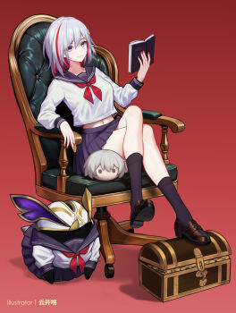 1girl absurdres alternate_costume artist_name black_shoes black_socks blue_eyes blue_sailor_collar blue_skirt book breasts caelus_(honkai:_star_rail) chair character_doll closed_mouth coin colored_inner_hair commentary_request crop_top crossed_legs doll full_body grey_hair hair_between_eyes hair_ornament highres holding holding_book holding_coin honkai:_star_rail honkai_(series) large_variant_set loafers long_sleeves looking_at_viewer medium_breasts medium_hair midriff multicolored_hair nail_polish navel numby_(honkai:_star_rail) on_chair open_book paid_reward_available pink_hair red_background red_nails sailor_collar school_uniform shirt shoes sitting skirt smile socks streaked_hair thighs topaz_(honkai:_star_rail) trailblazer_(honkai:_star_rail) treasure_chest trotter_(honkai:_star_rail) variant_set white_shirt yunkaiming