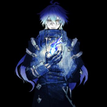 Rule 34 | 1boy, antenna hair, arm up, belt, black background, black gloves, blue fire, blue hair, capelet, closed mouth, coat, cowboy shot, crossed bangs, double-parted bangs, empty eyes, fire, flins (genshin impact), genshin impact, gloves, hazukt1, highres, long hair, long sleeves, male focus, pyrokinesis, simple background, sleeve cuffs, solo, yellow eyes