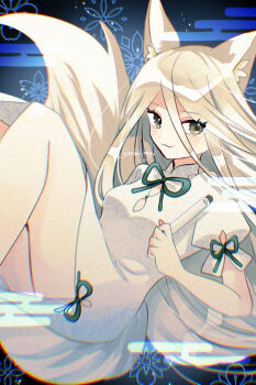 Rule 34 | 1girl, :3, animal ear fluff, animal ears, black background, blonde hair, blush, breasts, closed mouth, commentary request, dress, falling, floral background, fox, fox ears, fox girl, fox tail, green eyes, hair between eyes, highres, holding, katsuragi atori, kudamaki tsukasa, long hair, long hair between eyes, looking at viewer, medium breasts, puffy short sleeves, puffy sleeves, short sleeves, smile, solo, tail, touhou, very long hair, white dress