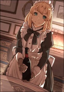 1boy apron backlighting black_bow black_bowtie black_dress blonde_hair blue_eyes bottle bow bowtie bridget_(guilty_gear) center_frills closed_mouth collar commentary double-parted_bangs dress dutch_angle english_commentary fire fireplace frilled_apron frills guilty_gear guilty_gear_strive hair_intakes highres holding holding_bottle holding_napkin juliet_sleeves lace_collar leaning_forward long_hair long_sleeves maid maid_apron maid_headdress male_focus mirror picture_frame puffy_sleeves smile solo split_mouth sugajyun table trap white_apron white_collar white_wrist_cuffs wine_bottle wrist_cuffs