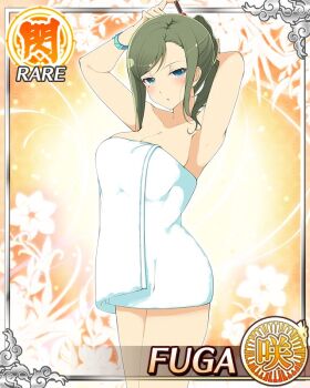 1girl armpits arms_up blue_eyes border breasts card_(medium) character_name cleavage closed_mouth dot_mouth english_text folded_ponytail fuga_(senran_kagura) game_cg green_hair half-closed_eyes large_breasts long_hair looking_at_viewer mole mole_under_eye naked_towel official_alternate_costume official_alternate_hairstyle official_art senran_kagura senran_kagura_new_wave solo swept_bangs towel