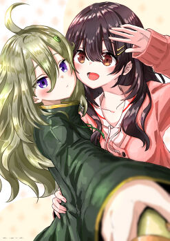 2girls absurdres ahoge blurry blurry_foreground blush brown_eyes brown_hair cardigan closed_mouth collarbone collared_shirt commentary_request hair_between_eyes hair_ornament hairclip hand_up hibi_wa_sugiredo_meshi_umashi higa_tsutsuji highres holding icenoa1011 jacket kawai_mako long_hair long_sleeves lower_teeth_only multiple_girls open_mouth outstretched_arm pink_cardigan purple_eyes selfie selfie_stick shirt sleeves_past_wrists teeth tongue white_shirt