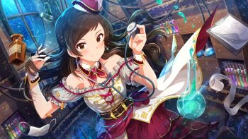 1girl blush bottle brown_eyes brown_hair closed_mouth commentary_request dutch_angle erlenmeyer_flask flask floating floating_hair floating_object game_cg glint hands_up hat holding holding_stethoscope idolmaster idolmaster_million_live! idolmaster_million_live!_theater_days indoors kitazawa_shiho liquid long_hair looking_at_viewer mask mouth_mask official_art smile solo stethoscope surgical_mask test_tube third-party_source volumetric_flask wrist_cuffs