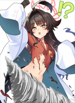 !? 1girl ahoge black_hair black_horns black_tail blue_archive blush coat collared_shirt demon_horns demon_tail drill fang hair_intakes halo highres horns kasumi_(blue_archive) long_hair long_sleeves open_clothes open_coat open_mouth red_halo red_shirt shirt simple_background skin_fang sleeves_past_fingers sleeves_past_wrists solo tail taketora_suzume white_background white_coat yellow_eyes