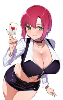 1girl absurdres black_skirt blush breasts card cleavage closed_mouth commentary crop_top green_eyes highres holding holding_card large_breasts long_sleeves looking_at_viewer midriff miniskirt navel pencil_skirt pink_hair rio_rollins short_hair simple_background skirt smile solo stomach super_blackjack tomohiro_kai white_background