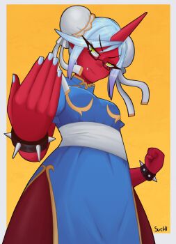 1girl absurdres artist_name belt blue_dress blue_hair blue_nails bracelet breasts brown_pantyhose bun_cover capcom china_dress chinese_clothes chun-li chun-li_(cosplay) colored_skin commentary cosplay cowboy_shot demon_girl demon_horns double_bun dress fang fighting_stance flipped_bangs glasses gold_trim green_eyes hair_bun hair_ribbon highres horns jewelry kneesocks_(psg) long_hair looking_at_viewer medium_breasts nail_polish panty_&amp;_stocking_with_garterbelt pantyhose red_skin ribbon signature simple_background single_horn solo spiked_bracelet spikes street_fighter suchimonix thighhighs white_belt yellow_background