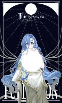 Rule 34 | 1girl, 37 (reverse:1999), absurdres, ancient greek clothes, ball, black background, blue eyes, blue hair, border, character name, closed mouth, commentary, english commentary, english text, feet out of frame, greco-roman clothes, hair between eyes, hands up, highres, holding, holding ball, inset border, long hair, looking at viewer, outside border, reverse:1999, sitting, solo, straight-on, toga, very long hair, white border, zaoshuhua